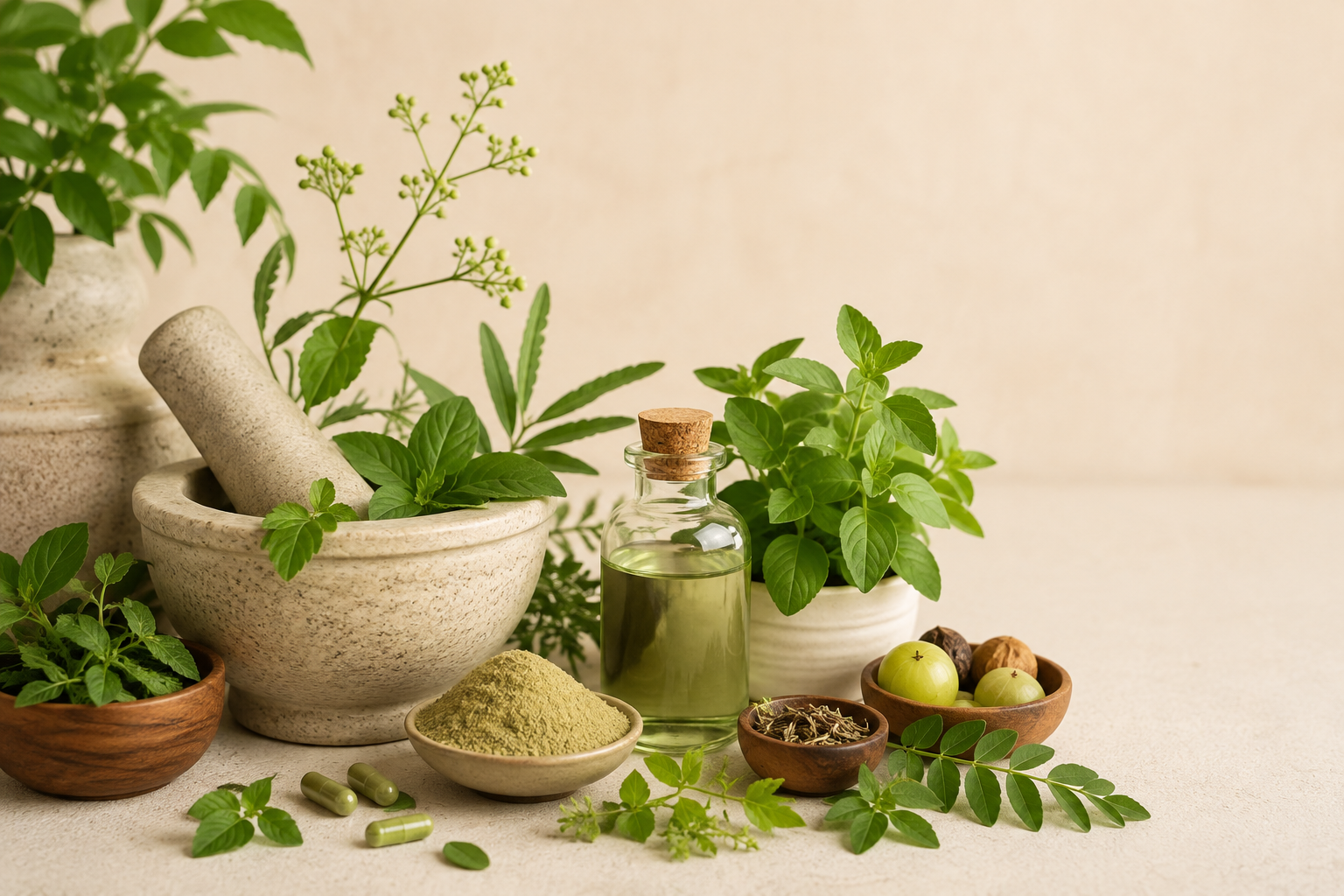 Fresh Ayurvedic herbs, oils, and ingredients arranged with a traditional mortar and pestle